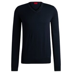 Navy Blue Virgin Wool V Neck Long Sleeve Sweater (XXL)